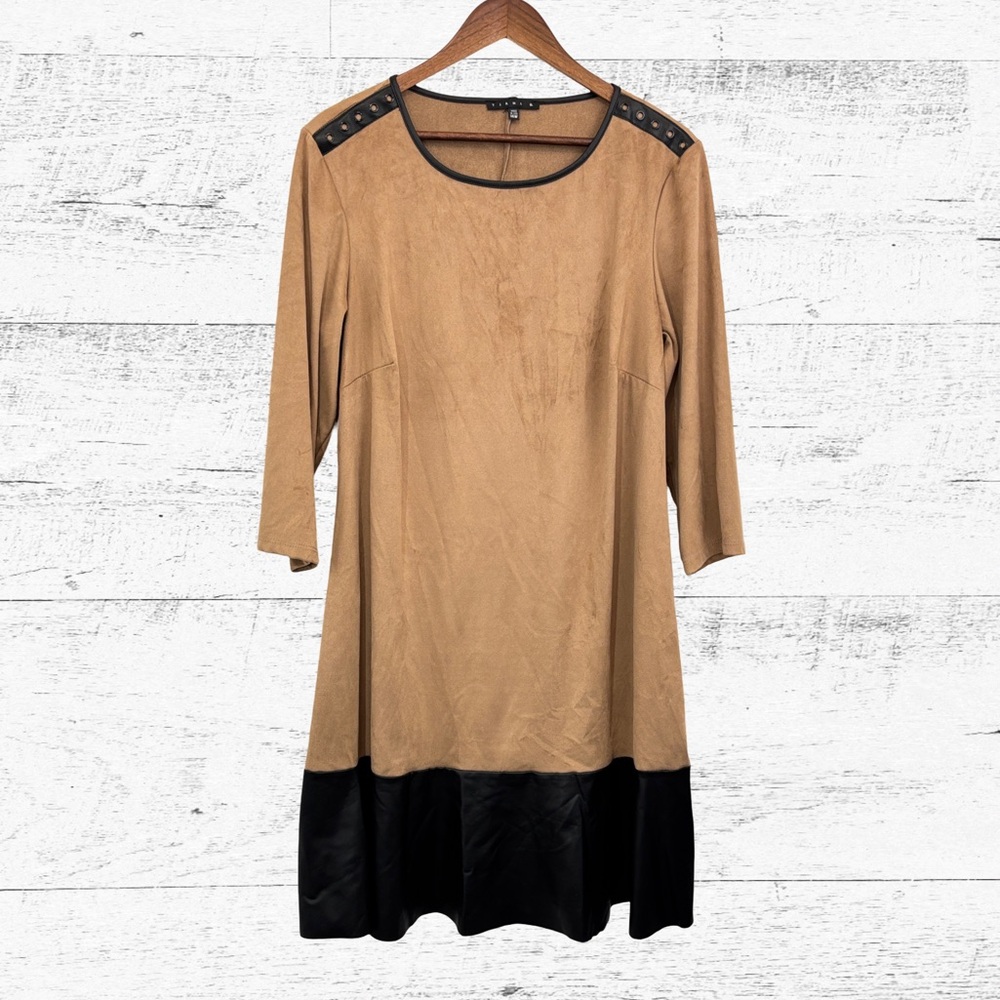 Tan and Black Two-Tone Shift Dress with Stud Shoulder Detail